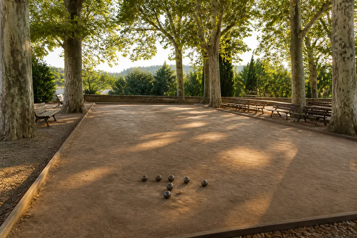 Boules métalliques posées sur un terrain de terre battue près du but, cadre de jeu tracé au sol
